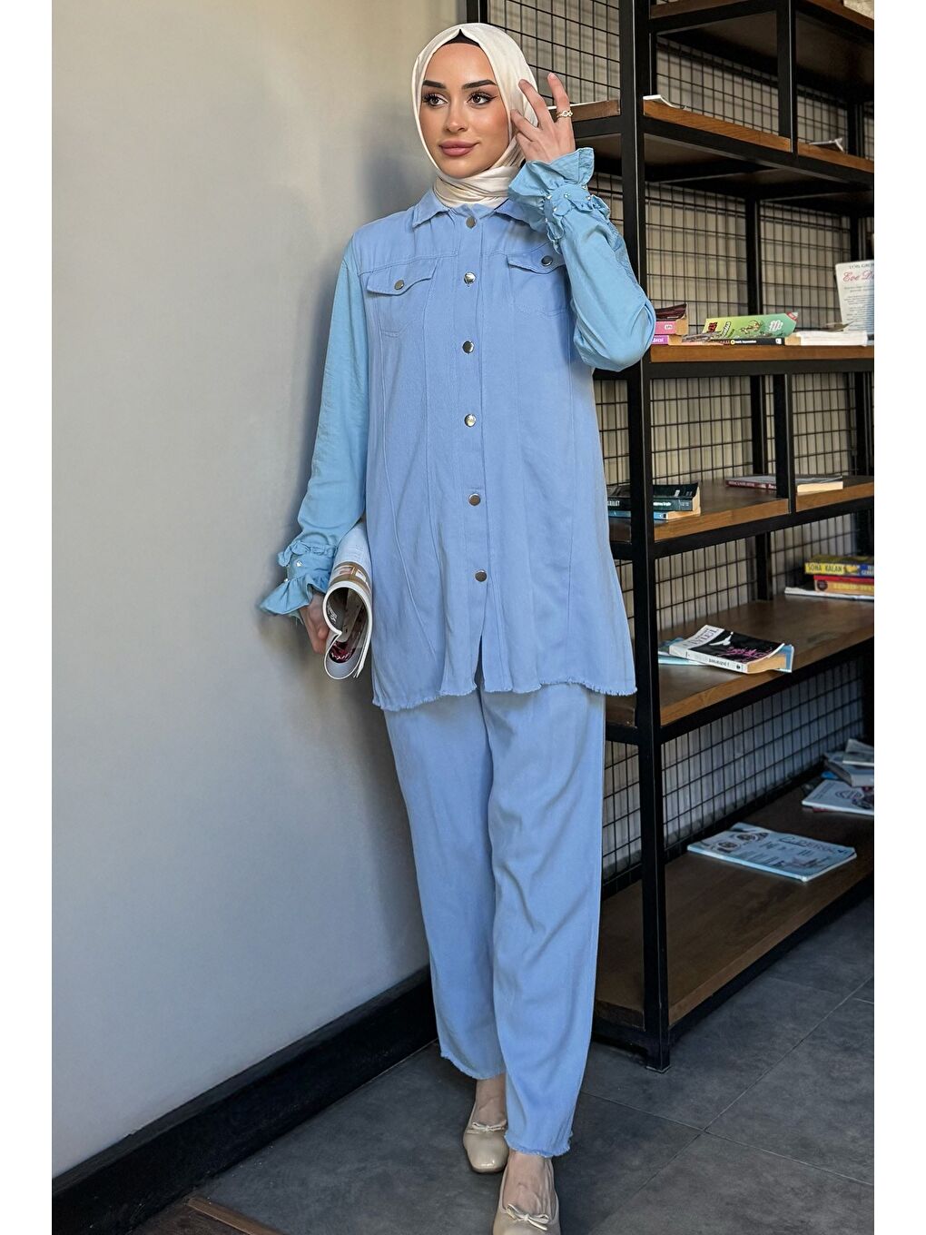 Mavi Tesettür Gabardin Yelek Pantolon İkili Takım-3