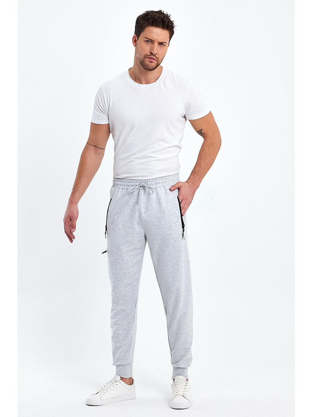 Gri Reflektör Baskı Paça Lastik Erkek Jogger Eşofman Altı-1