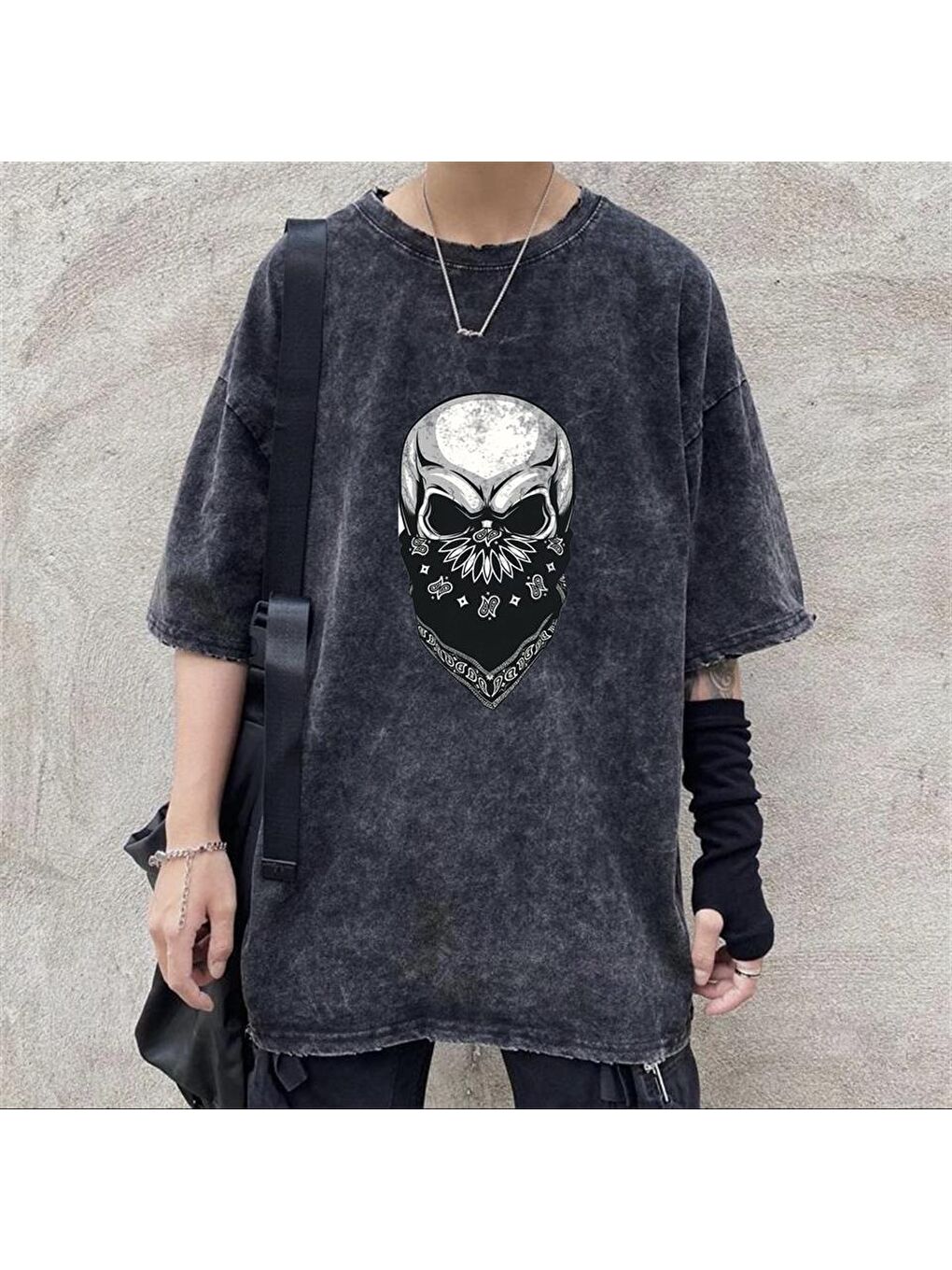 Touz Moda Antrasit Yıkamalı Gang Skull Unisex Eskitme T-shirt