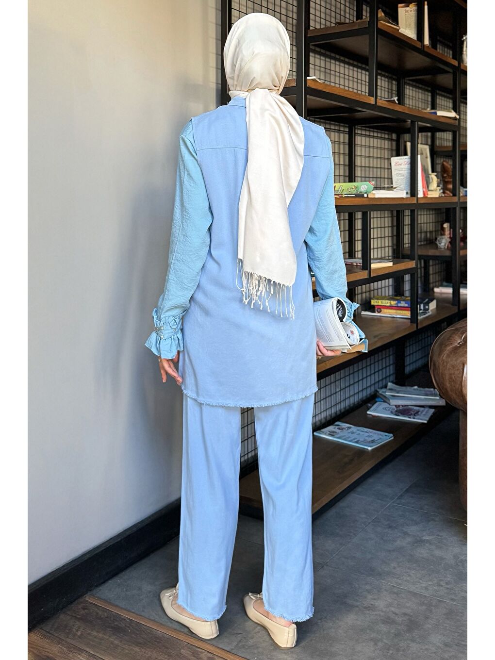 Mavi Tesettür Gabardin Yelek Pantolon İkili Takım-6