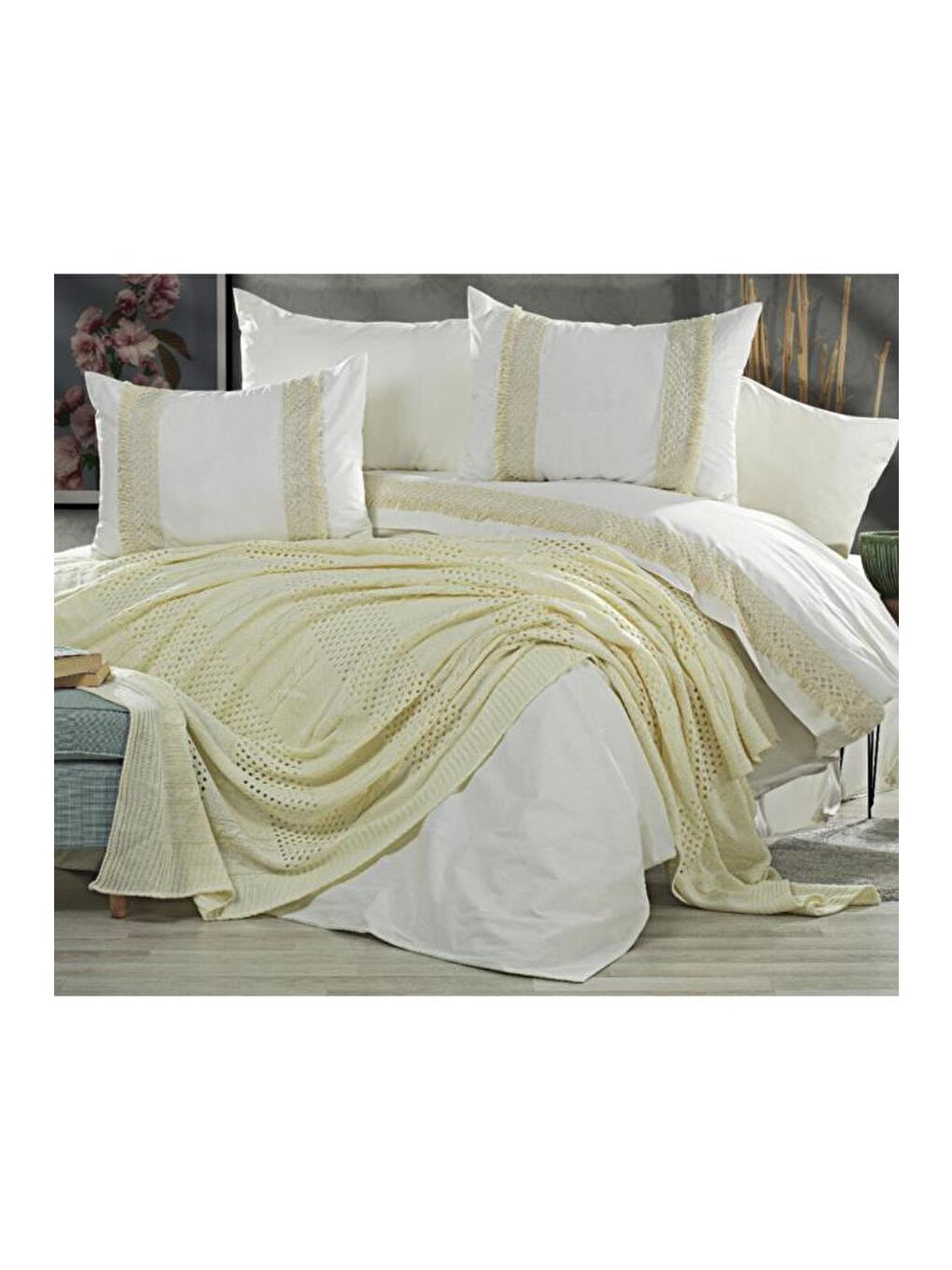 Ekru Salsa Battaniyeli Nevresim Takımı Beyaz Limon-2