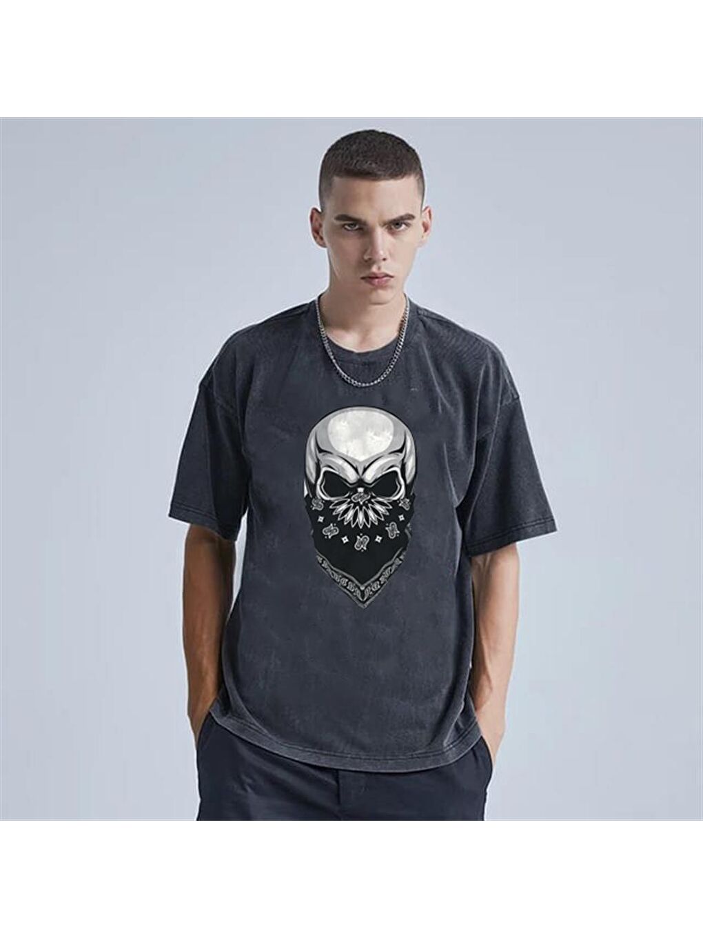 Touz Moda Antrasit Yıkamalı Gang Skull Unisex Eskitme T-shirt - 2