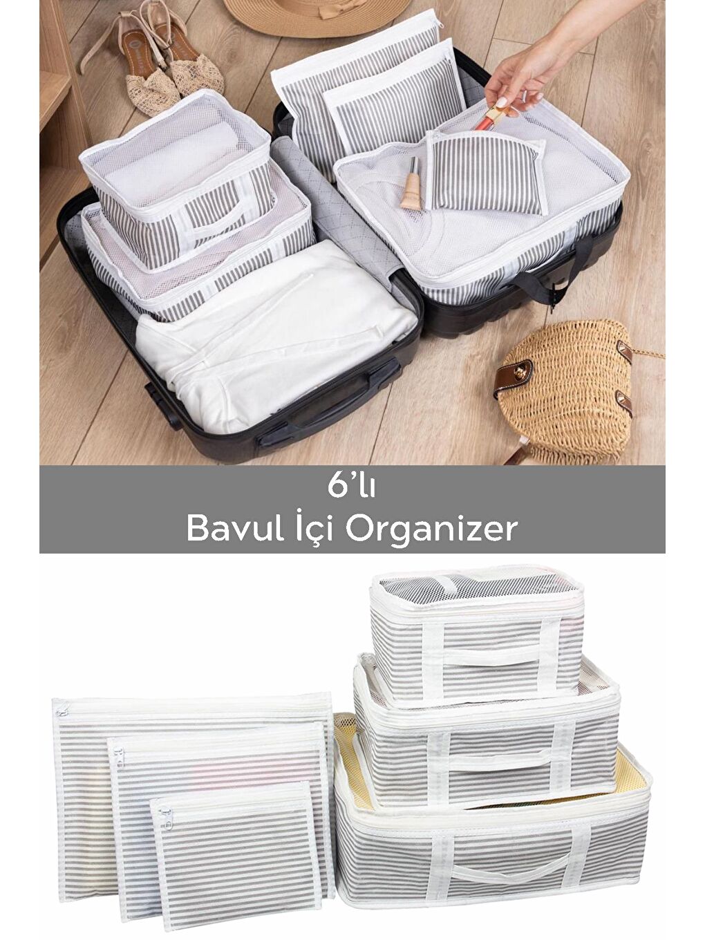 Gri 6'lı Valiz Düzenleyici Set Bavul İçi Organizer Çok Amaçlı Organizer Set Seyahat Hurcu