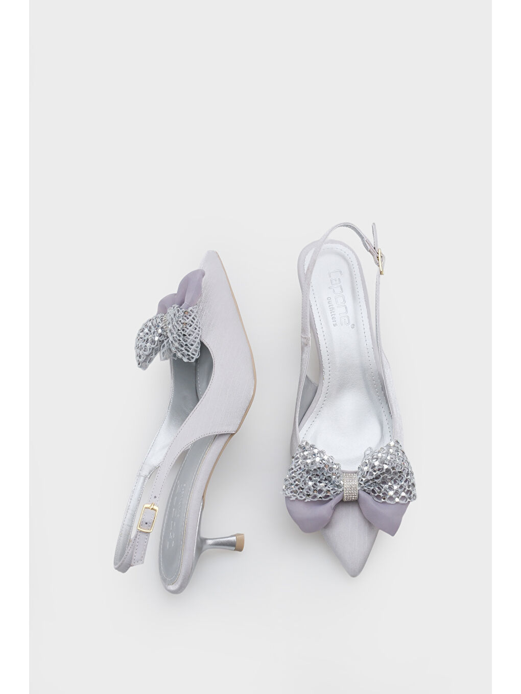 Gri Nikolia Taşlı Fiyonklu Sivri Burunlu Saten Orta Topuklu Kadın Ayakkabı-5