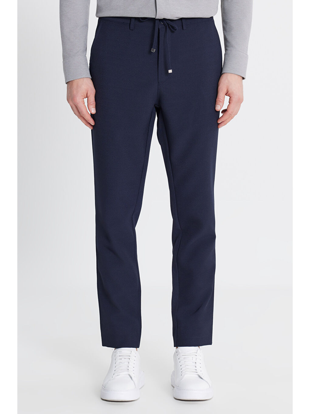 Erkek Lacivert Slim Fit Beli Bağlamalı Gofre Desenli Yan Cepli Casual Pantolon