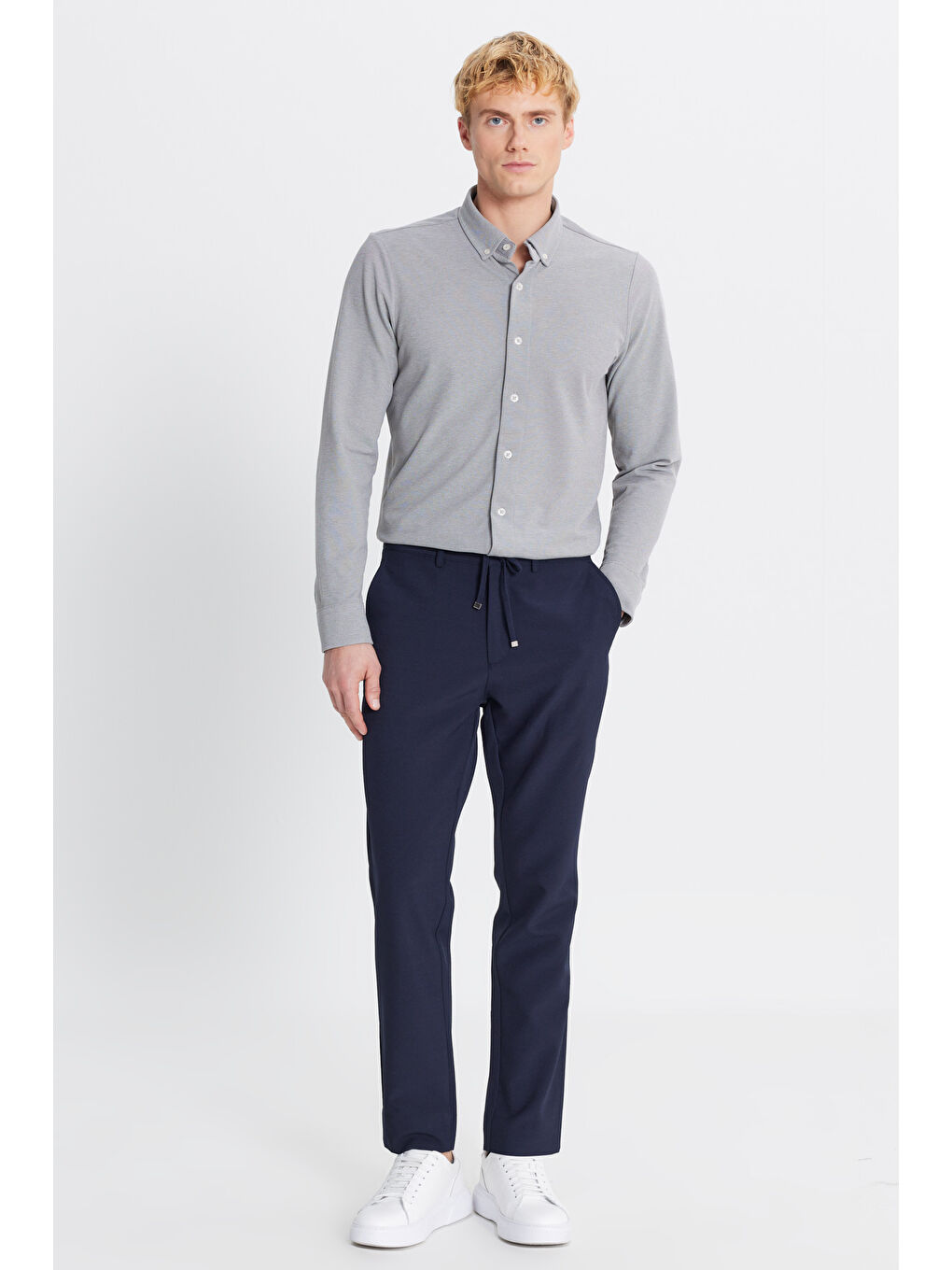 Erkek Lacivert Slim Fit Beli Bağlamalı Gofre Desenli Yan Cepli Casual Pantolon-1