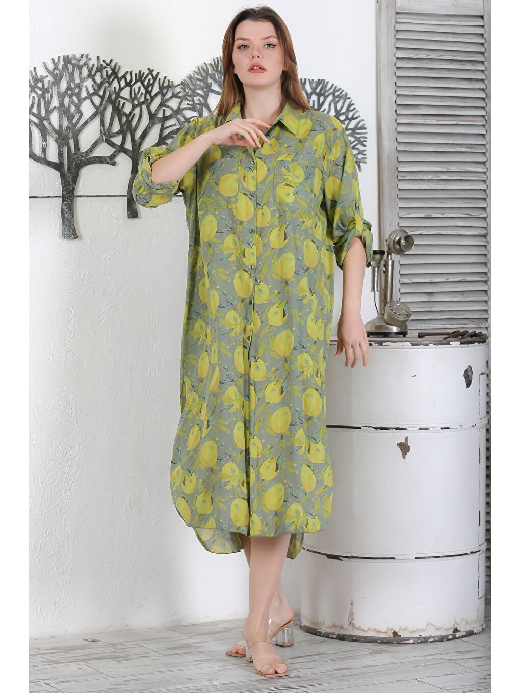 İtalyan Pastel Yeşili Düğmeli Uzun Kollu Desenli Çift Cepli Casual Dokuma Yazlık Elbise 130 65-1