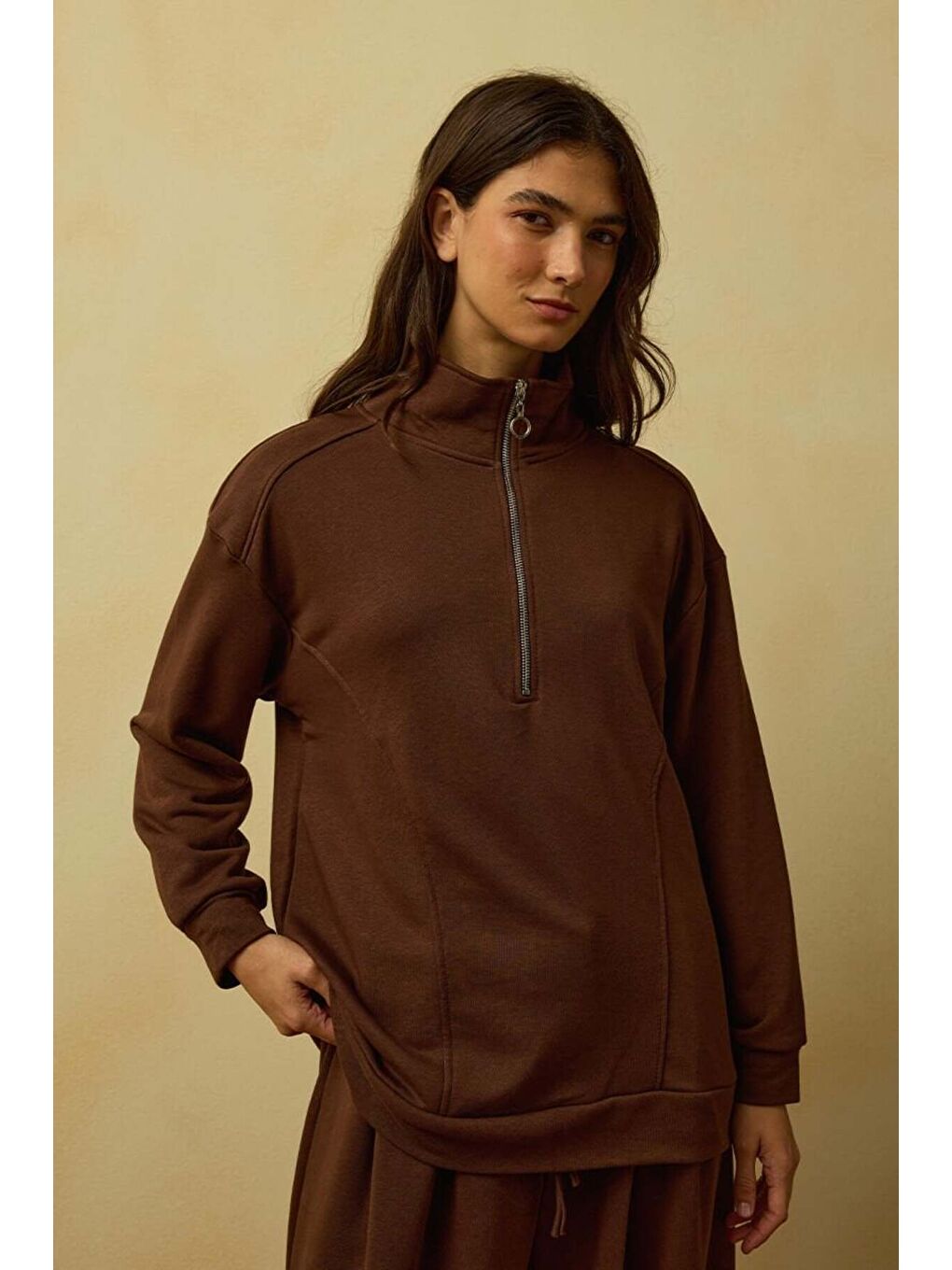 Kahverengi Acı Kahve 3 İplik Yarım Fermuarlı Sweat