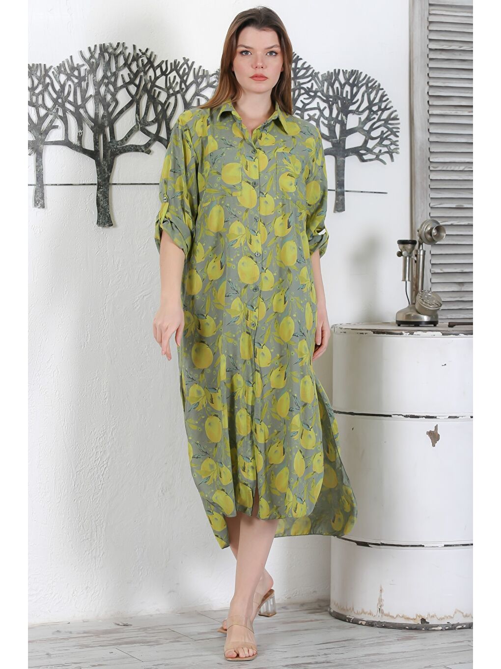 İtalyan Pastel Yeşili Düğmeli Uzun Kollu Desenli Çift Cepli Casual Dokuma Yazlık Elbise 130 65-2