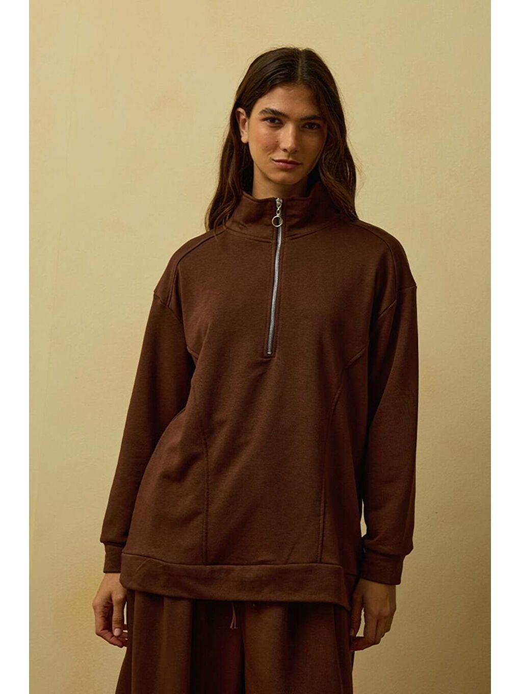 Kahverengi Acı Kahve 3 İplik Yarım Fermuarlı Sweat-1