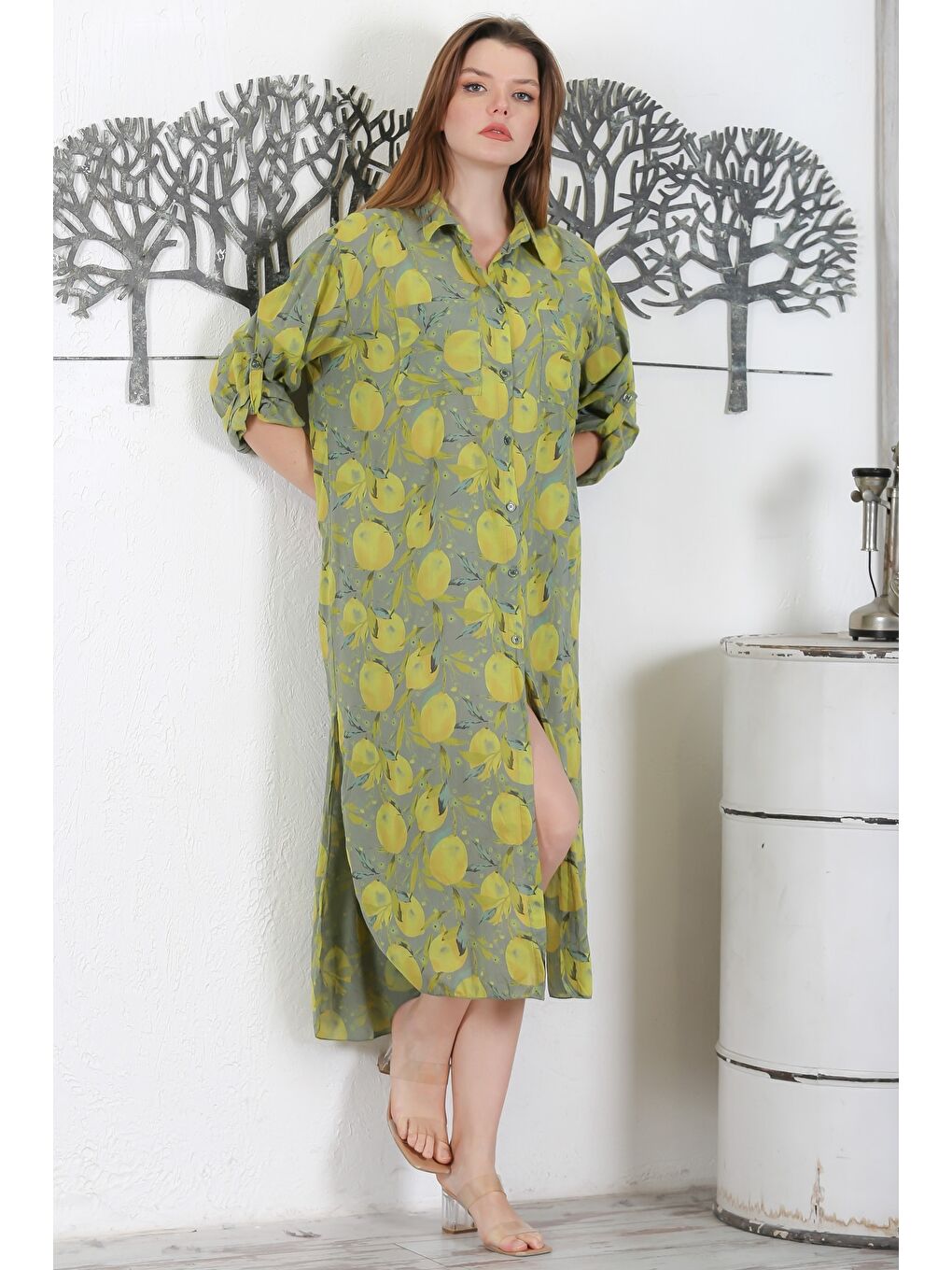 İtalyan Pastel Yeşili Düğmeli Uzun Kollu Desenli Çift Cepli Casual Dokuma Yazlık Elbise 130 65-3