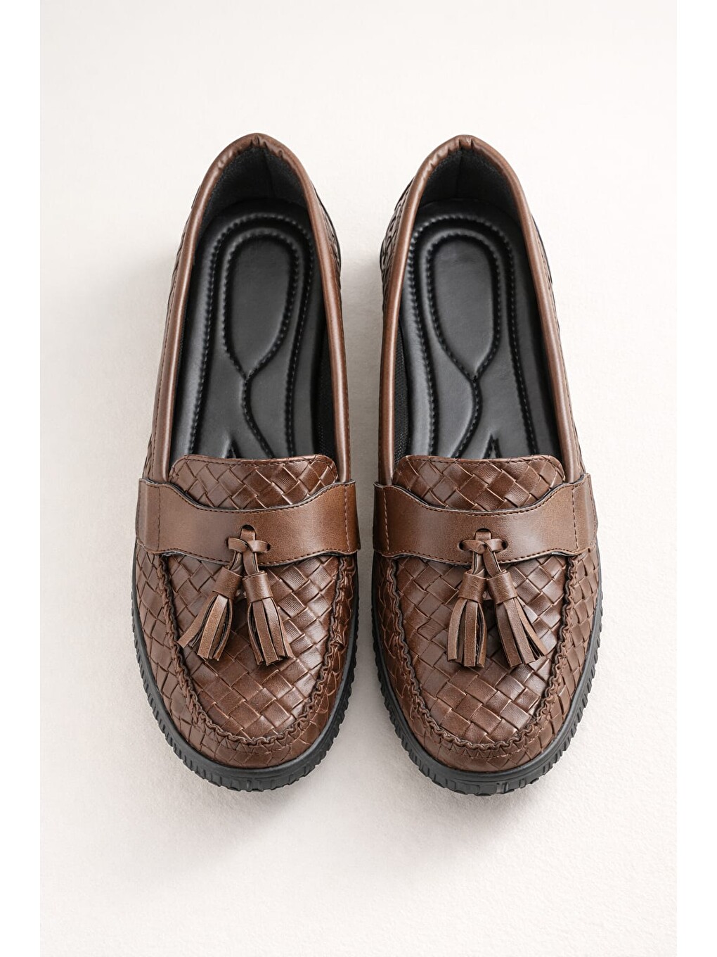 Kahverengi Kadın Örgü Desenli Püsküllü Rahat Comfort Loafer