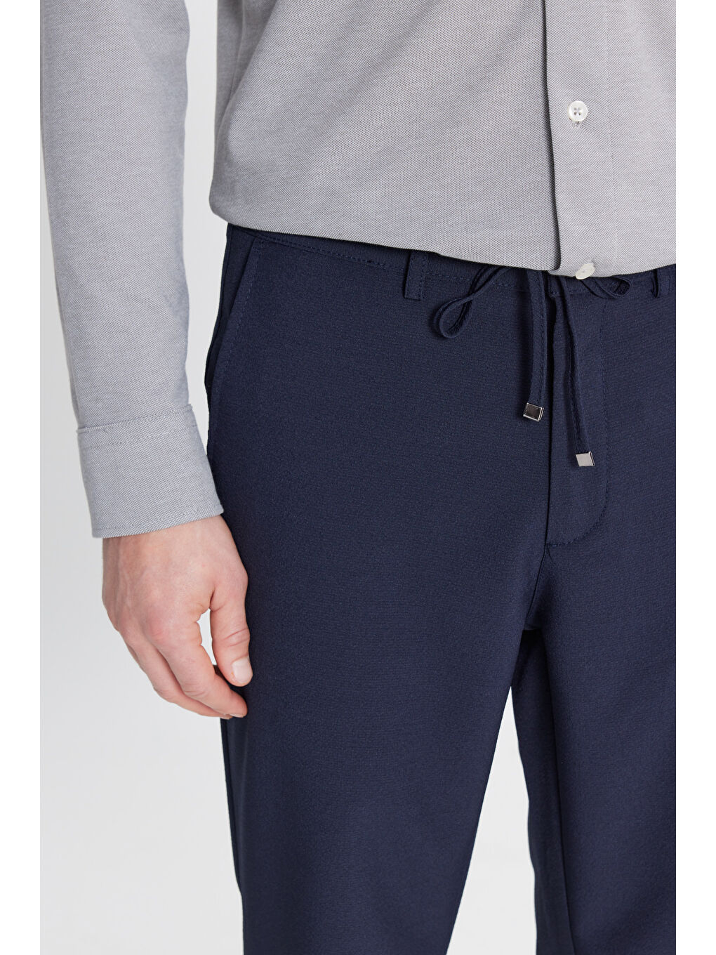 Erkek Lacivert Slim Fit Beli Bağlamalı Gofre Desenli Yan Cepli Casual Pantolon-3