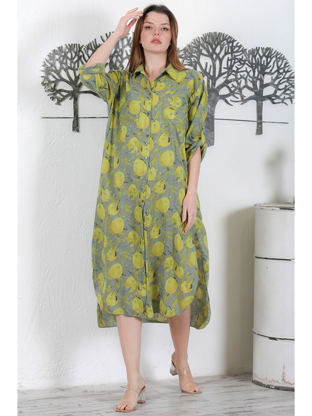 İtalyan Pastel Yeşili Düğmeli Uzun Kollu Desenli Çift Cepli Casual Dokuma Yazlık Elbise 130 65-4