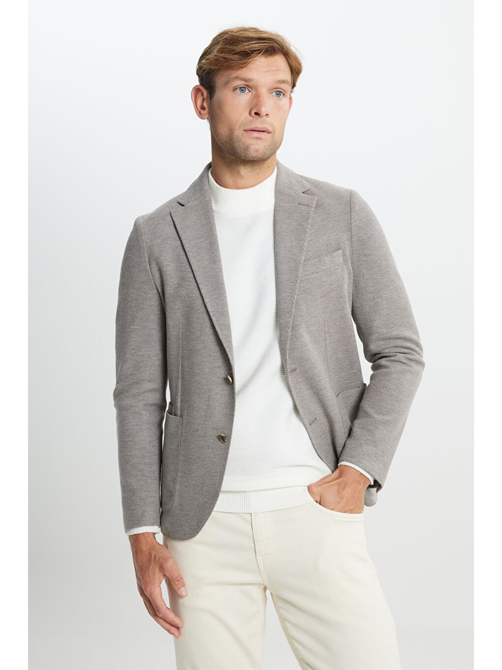 Kahverengi Erkek Açık Kahve Slim Fit Dar Kesim Mono Yaka Armürlü Torba Cepli Ceket