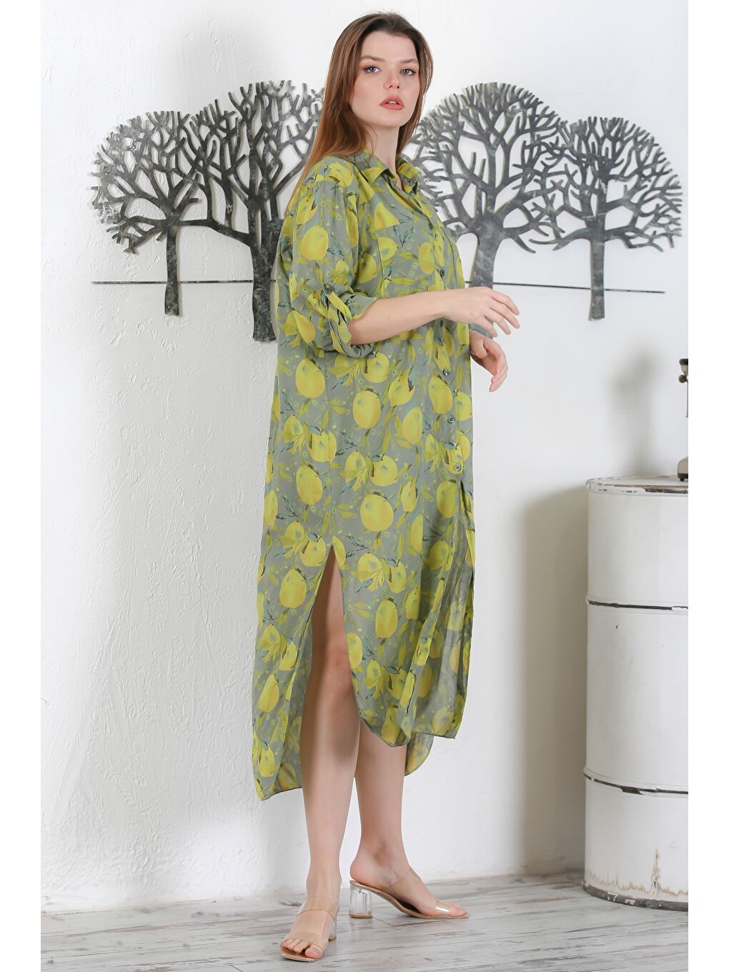 İtalyan Pastel Yeşili Düğmeli Uzun Kollu Desenli Çift Cepli Casual Dokuma Yazlık Elbise 130 65-5