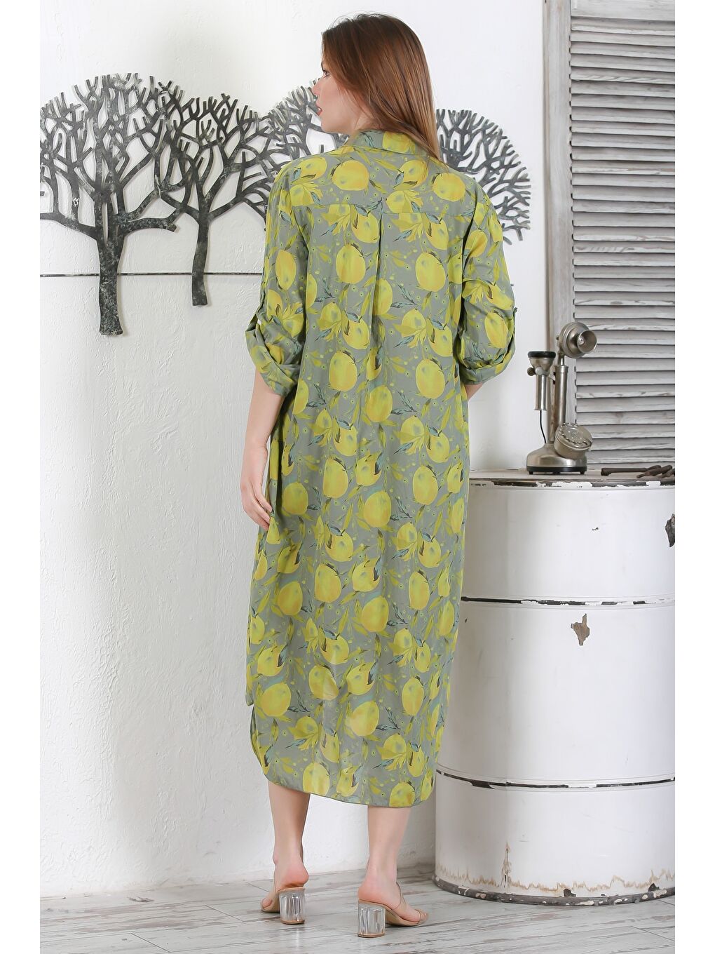 İtalyan Pastel Yeşili Düğmeli Uzun Kollu Desenli Çift Cepli Casual Dokuma Yazlık Elbise 130 65-6