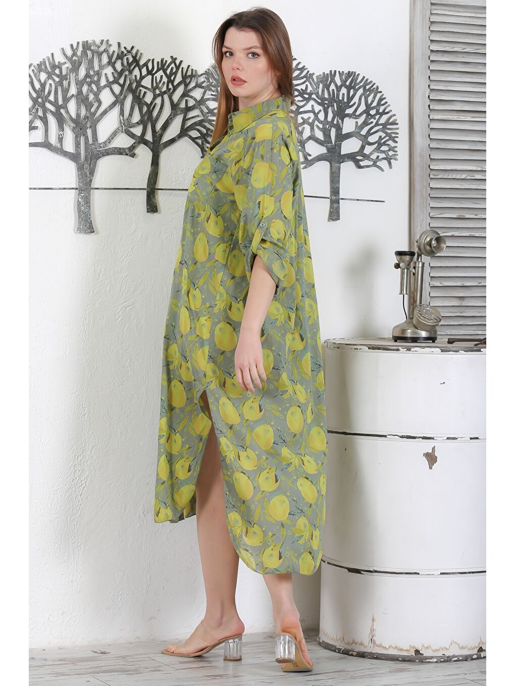 İtalyan Pastel Yeşili Düğmeli Uzun Kollu Desenli Çift Cepli Casual Dokuma Yazlık Elbise 130 65-7