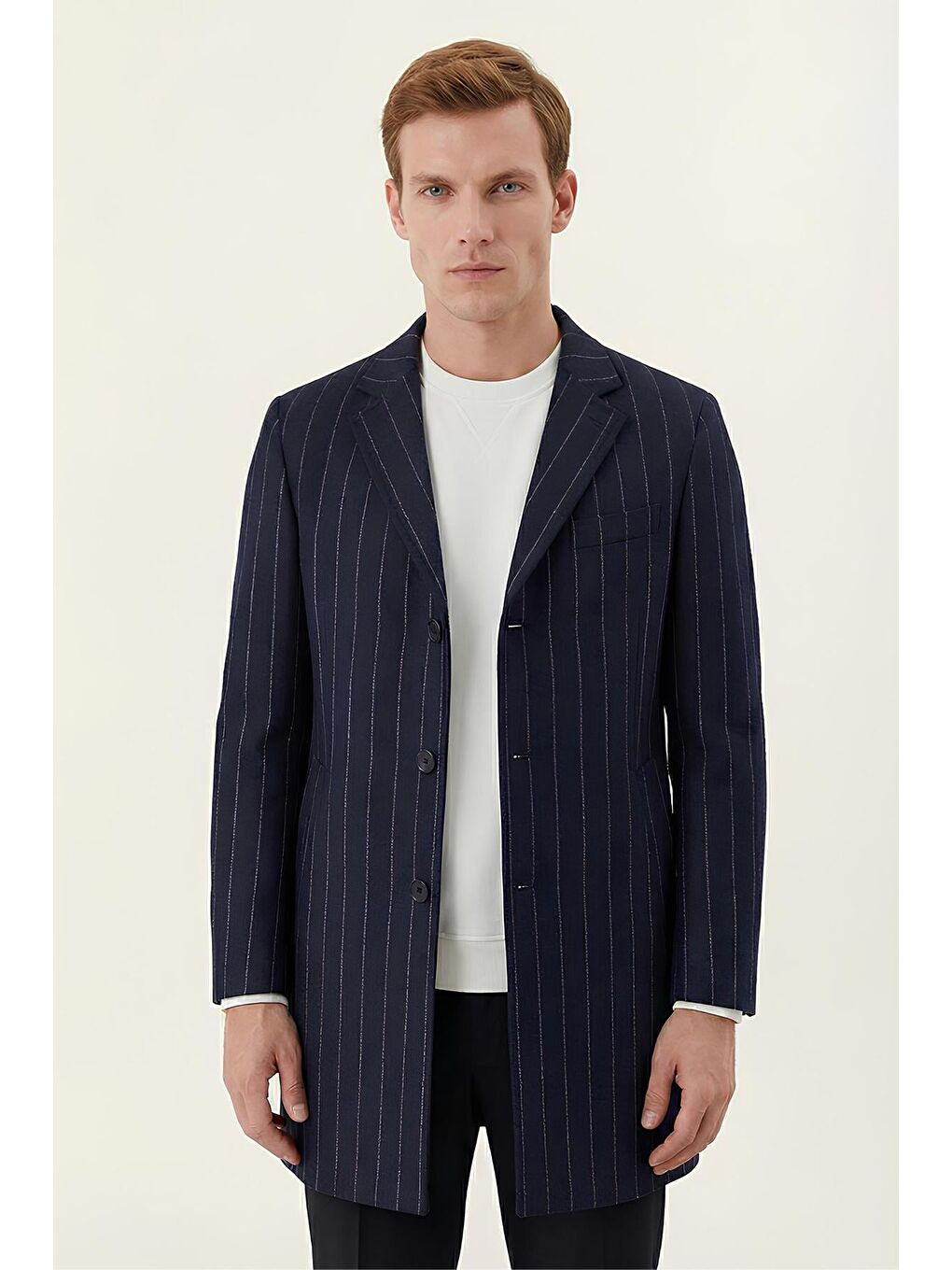 Giotelli Lacivert Regular Fit Yün Karışımlı Mono Yaka Çizgili Kaşe Kaban