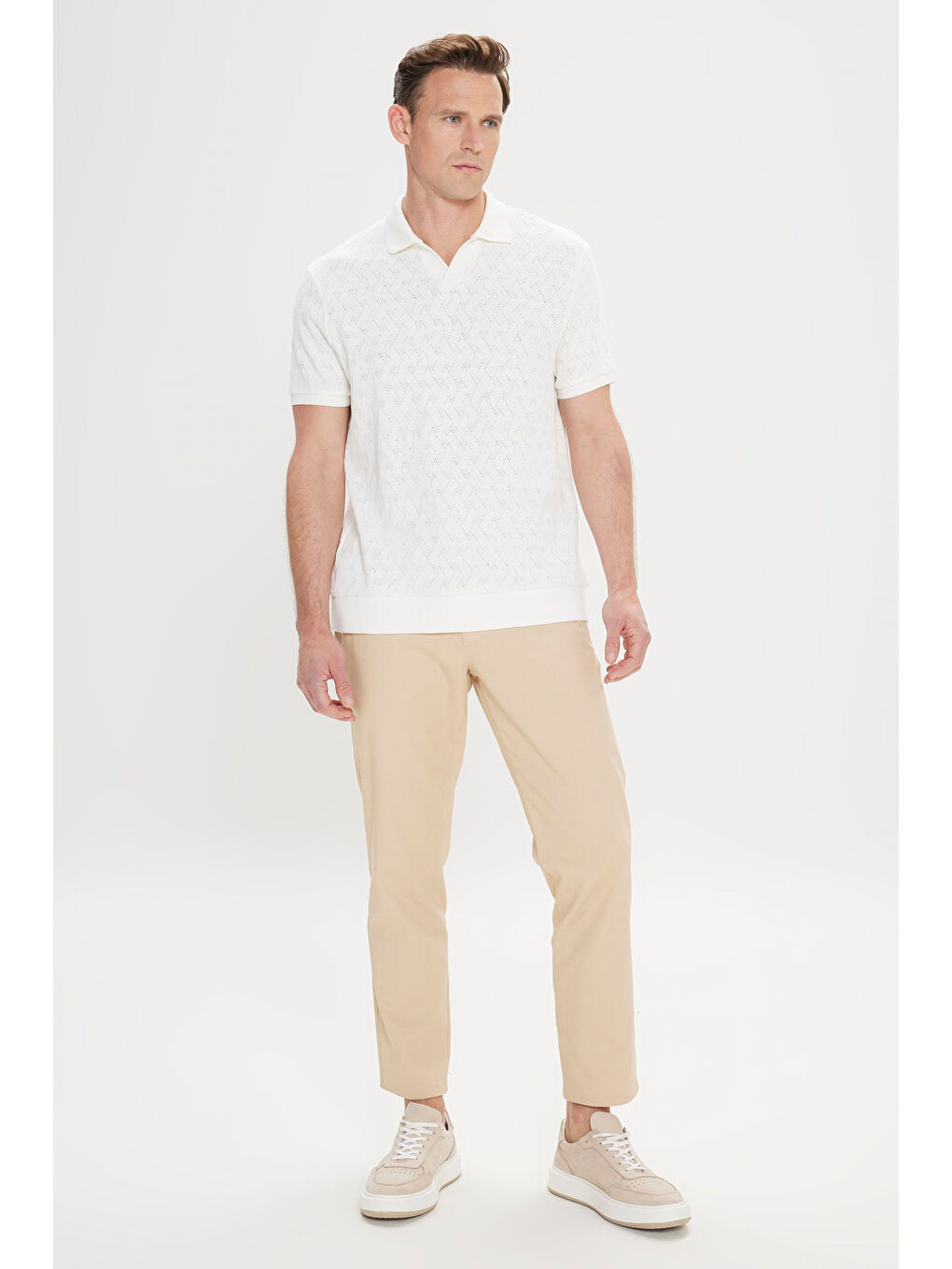 Erkek Ekru Comfort Fit Rahat Kesim Pamuklu Baklava Desenli Polo Yaka Tişört-1