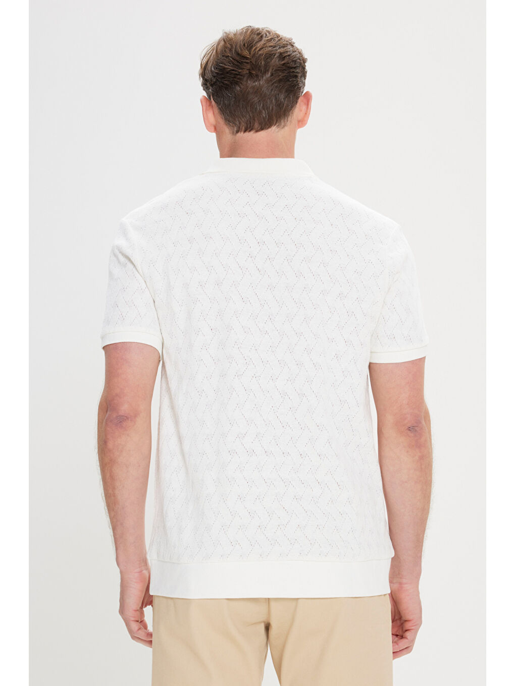 Erkek Ekru Comfort Fit Rahat Kesim Pamuklu Baklava Desenli Polo Yaka Tişört-3