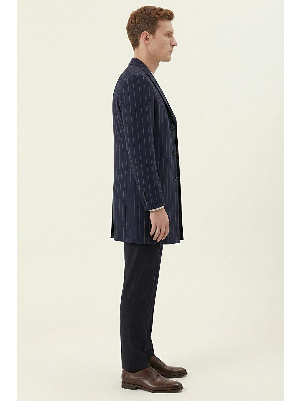 Giotelli Lacivert Regular Fit Yün Karışımlı Mono Yaka Çizgili Kaşe Kaban-2