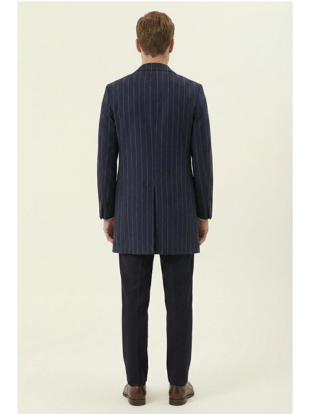 Giotelli Lacivert Regular Fit Yün Karışımlı Mono Yaka Çizgili Kaşe Kaban-3