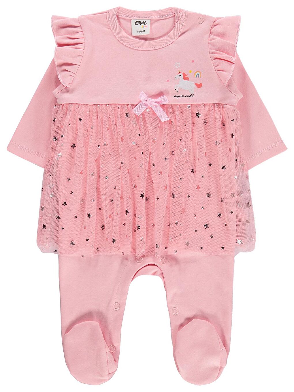 Baby Yıldız Empirme Baskılı 1-9 Ay Patikli Tulum - Pembe