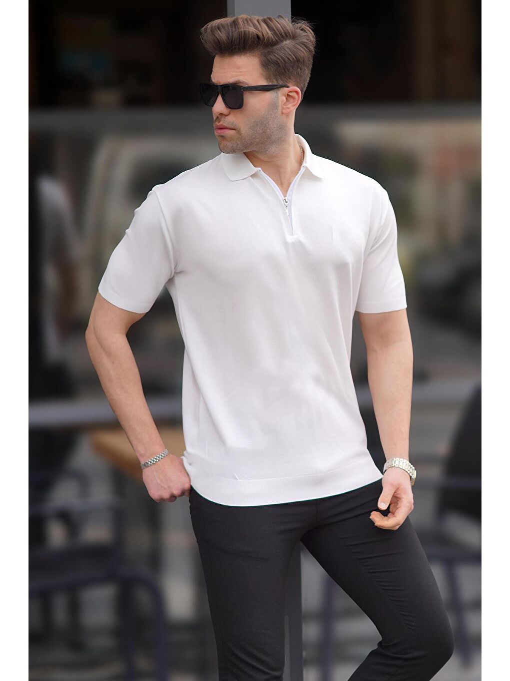 Beyaz Fermuar Detaylı Polo Yaka Triko Tişört 6885