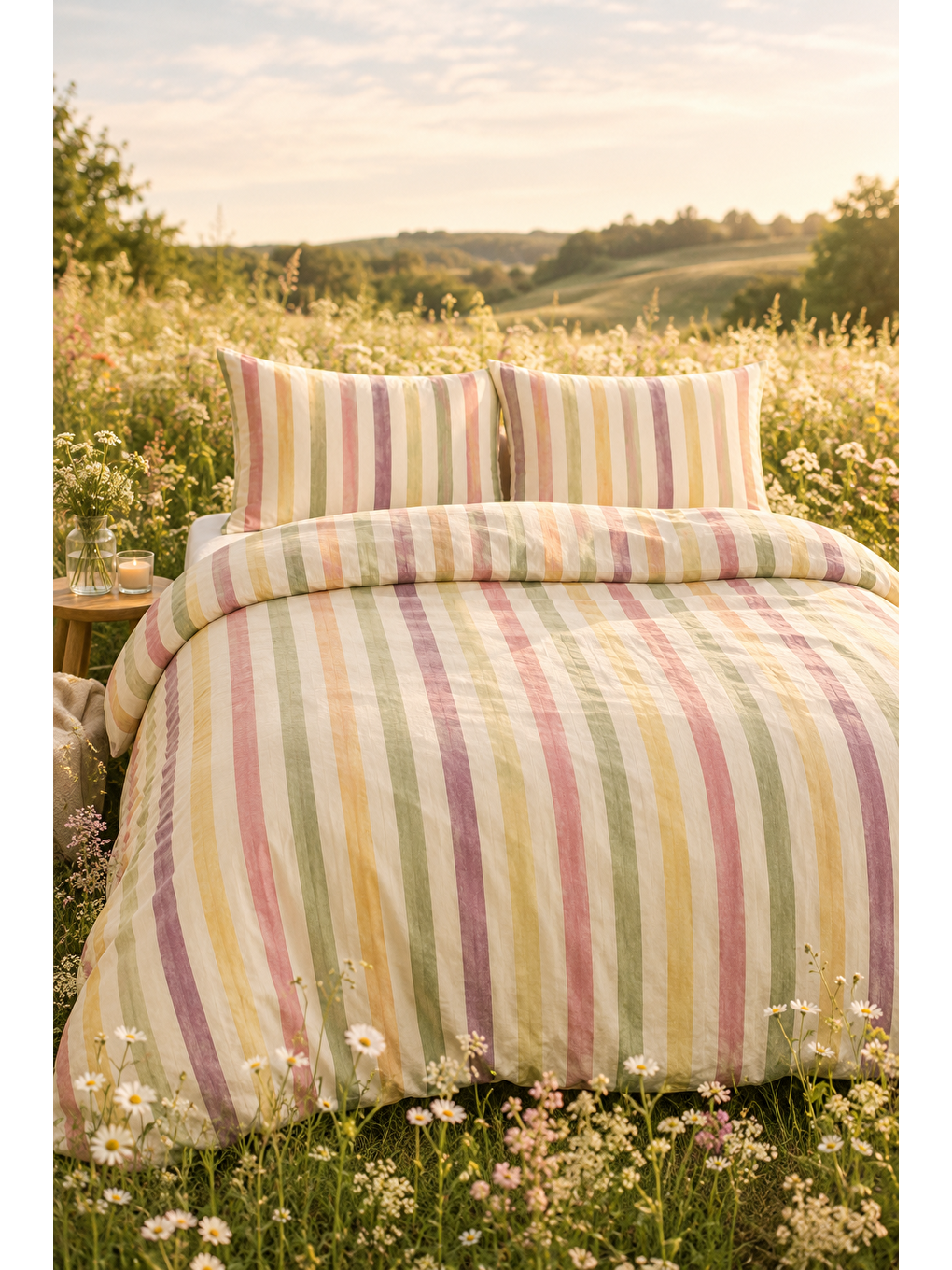Karışık Çok Renkli Çizgili Nevresim Seti 200x220 Modern Soft Renkli Çift Kişilik Yorgan Kılıfı