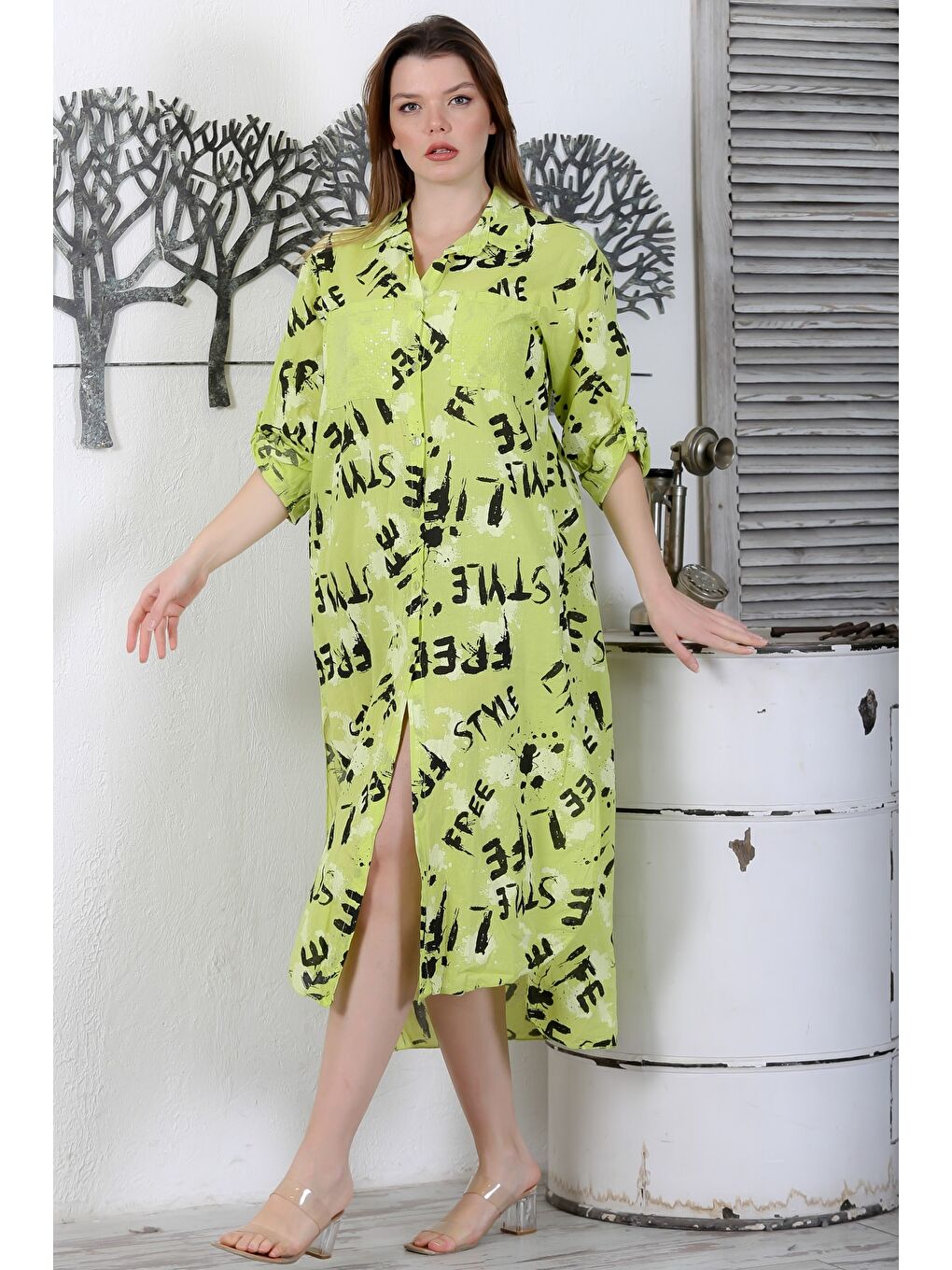Yeşil İtalyan Limon Küfü Rengi Düğmeli Uzun Kollu Desenli Çift Cepli Dokuma Yazlık Elbise 130 65