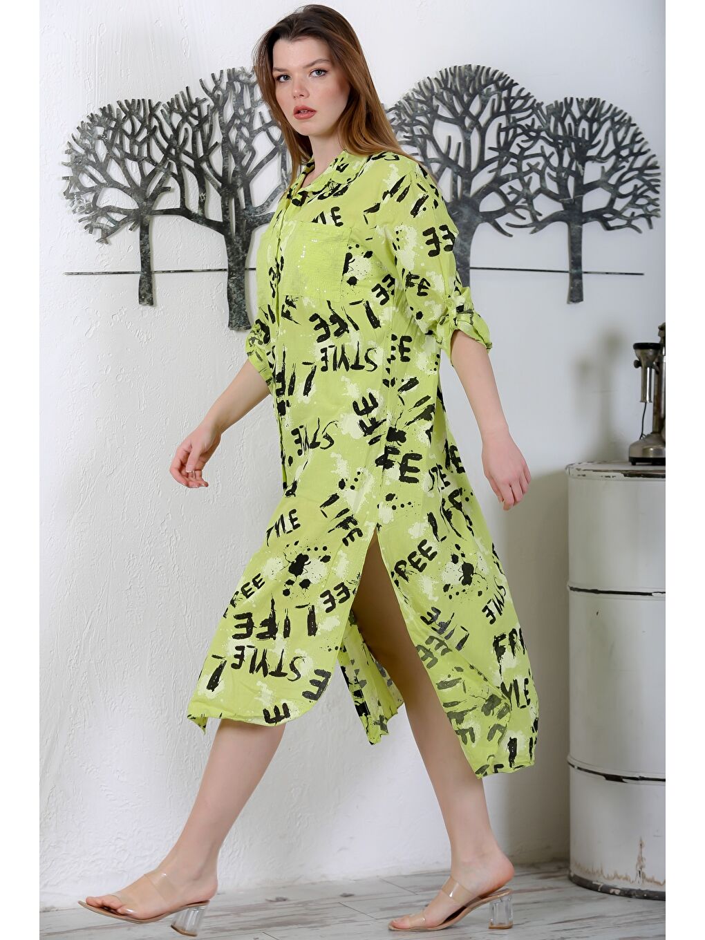 Yeşil İtalyan Limon Küfü Rengi Düğmeli Uzun Kollu Desenli Çift Cepli Dokuma Yazlık Elbise 130 65-1