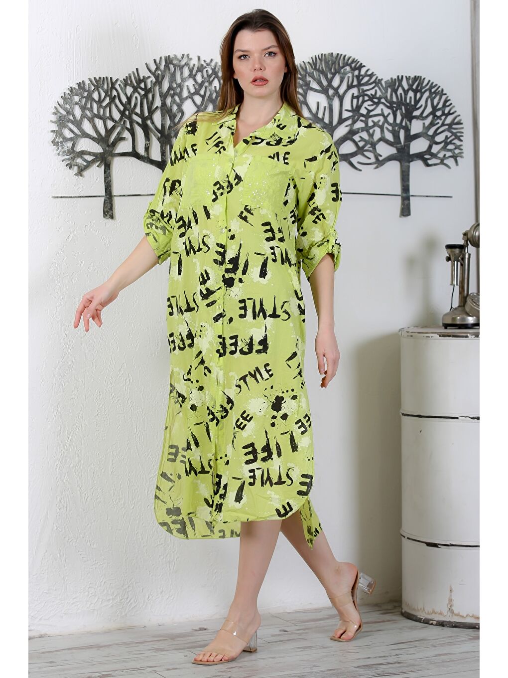 Yeşil İtalyan Limon Küfü Rengi Düğmeli Uzun Kollu Desenli Çift Cepli Dokuma Yazlık Elbise 130 65-2