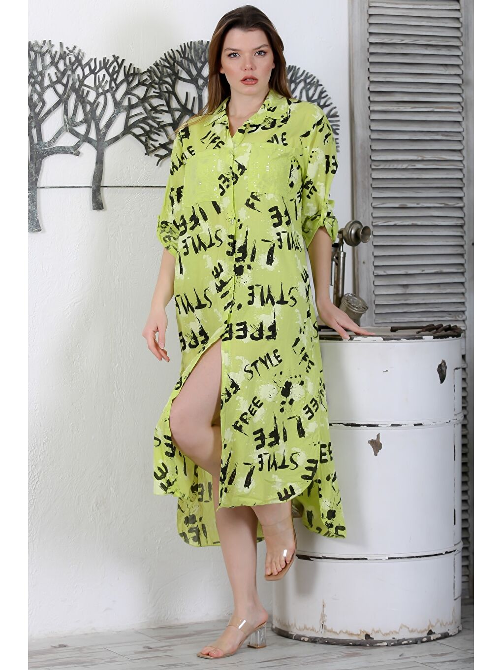 Yeşil İtalyan Limon Küfü Rengi Düğmeli Uzun Kollu Desenli Çift Cepli Dokuma Yazlık Elbise 130 65-3