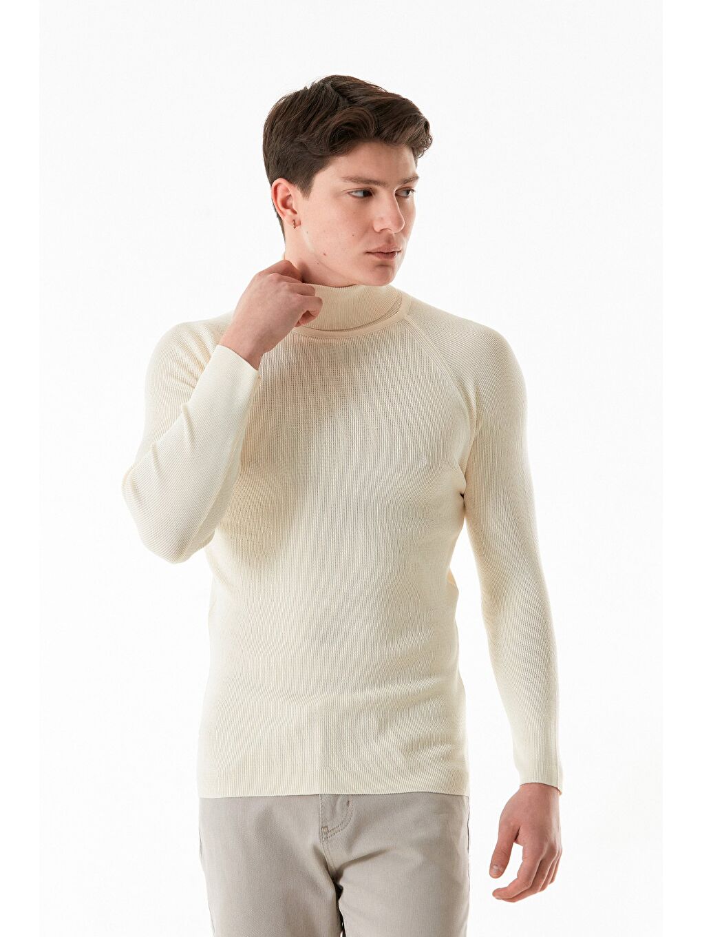 Ekru Basic Balıkçı Yaka Triko Kazak-1