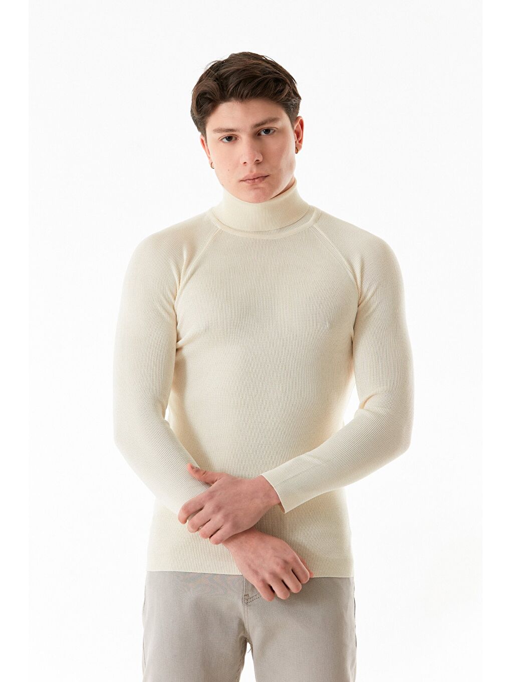 Ekru Basic Balıkçı Yaka Triko Kazak-2