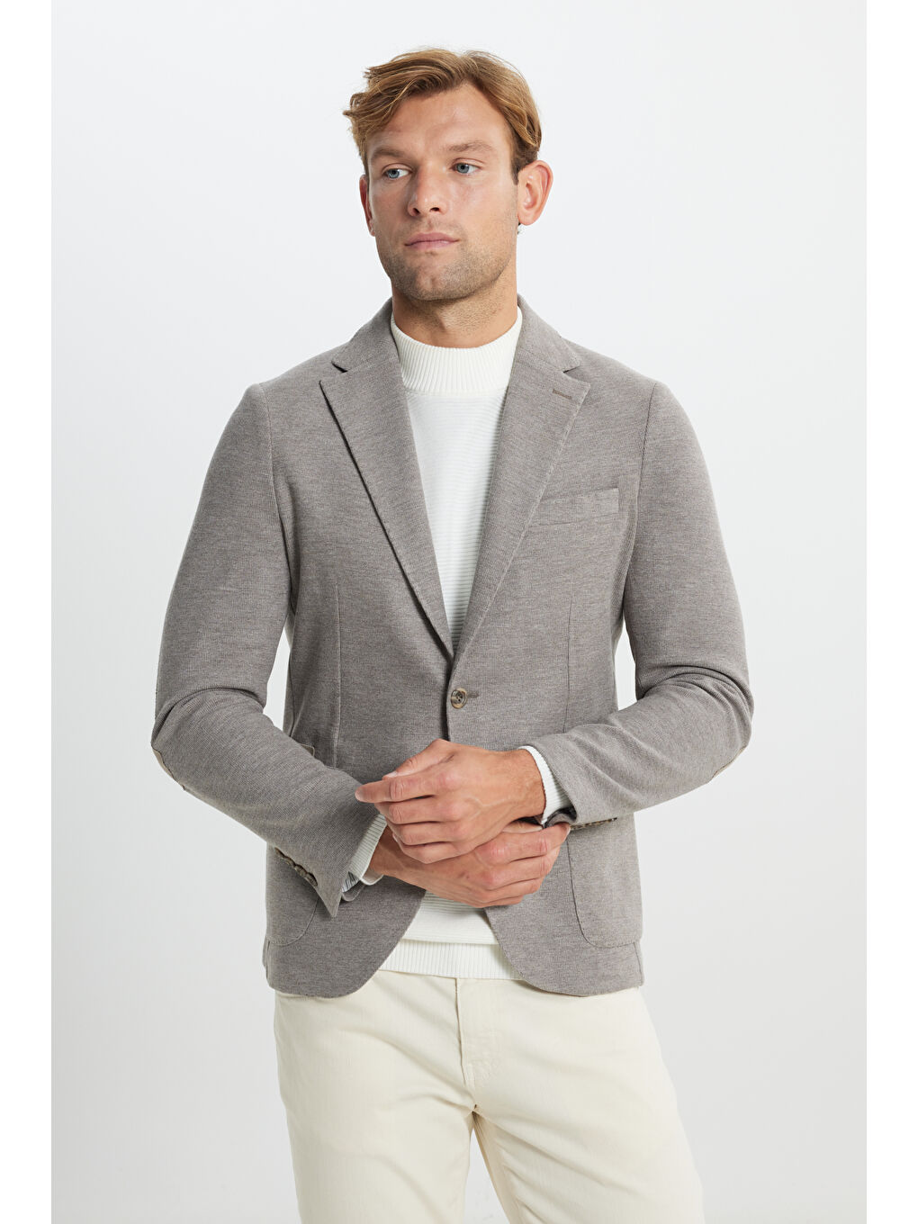 Kahverengi Erkek Açık Kahve Slim Fit Dar Kesim Mono Yaka Armürlü Torba Cepli Ceket-3