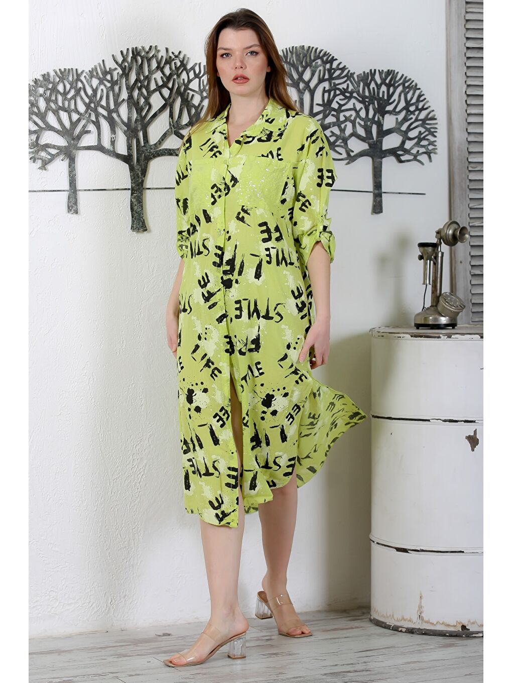 Yeşil İtalyan Limon Küfü Rengi Düğmeli Uzun Kollu Desenli Çift Cepli Dokuma Yazlık Elbise 130 65-5