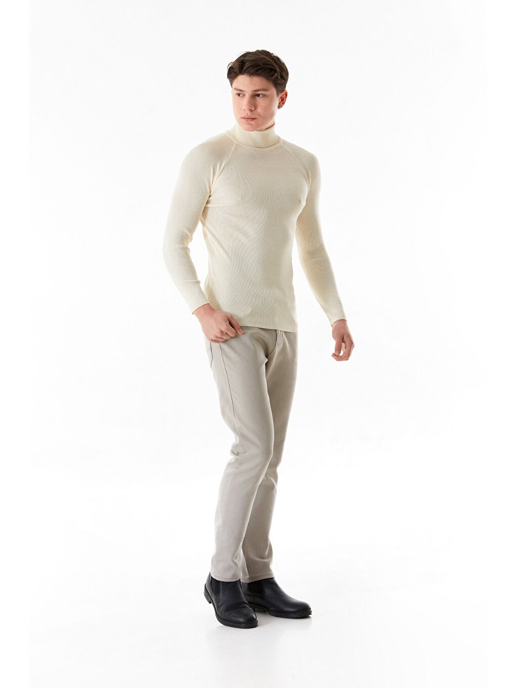 Ekru Basic Balıkçı Yaka Triko Kazak-3