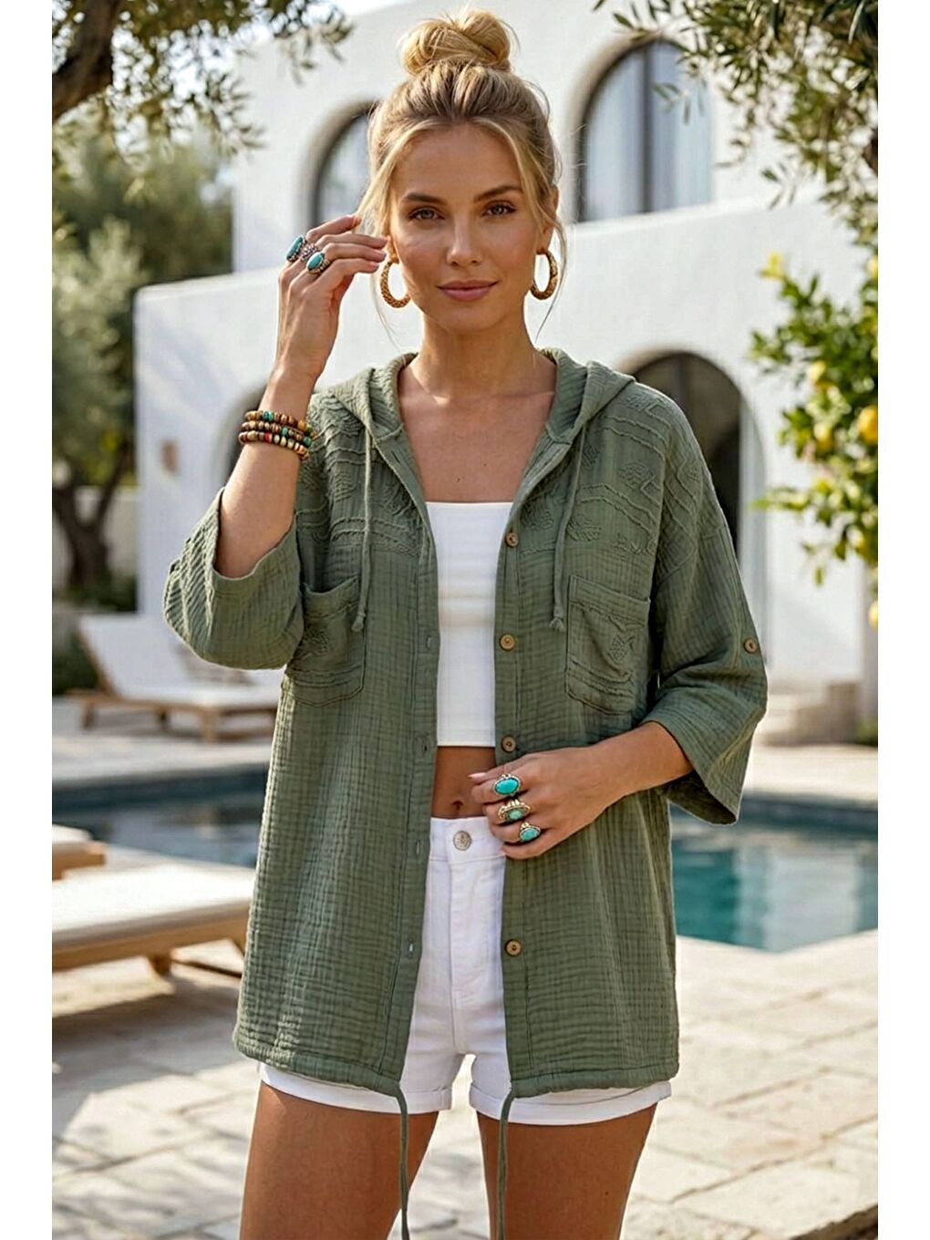 Haki Kapüşonlu Kısa Kol Çift Cepli Brodeli Etek Ucu Bağlamalı Casual Müslin Dokuma Ceket 63 63