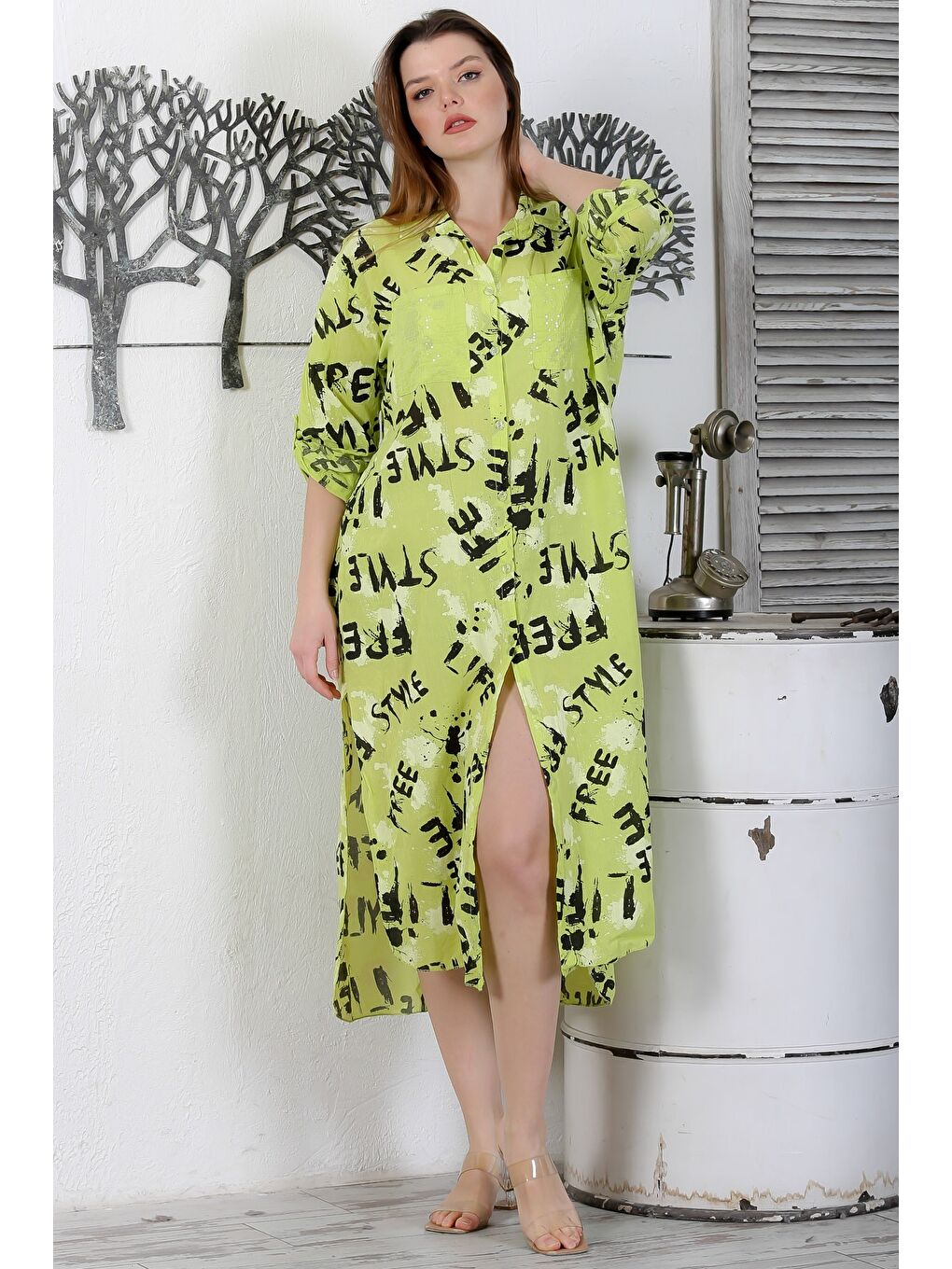 Yeşil İtalyan Limon Küfü Rengi Düğmeli Uzun Kollu Desenli Çift Cepli Dokuma Yazlık Elbise 130 65-6