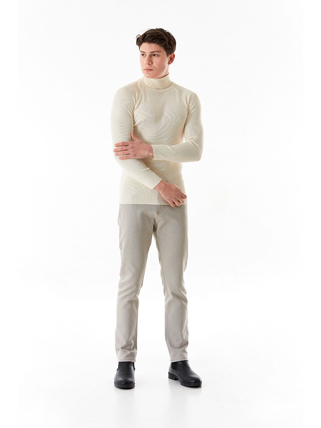 Ekru Basic Balıkçı Yaka Triko Kazak-4