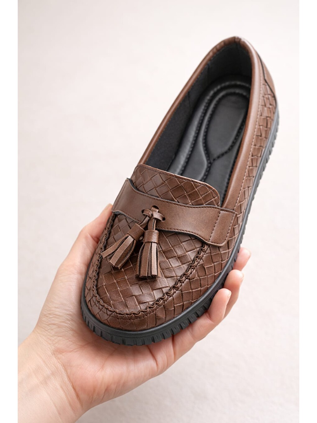 Kahverengi Kadın Örgü Desenli Püsküllü Rahat Comfort Loafer-5