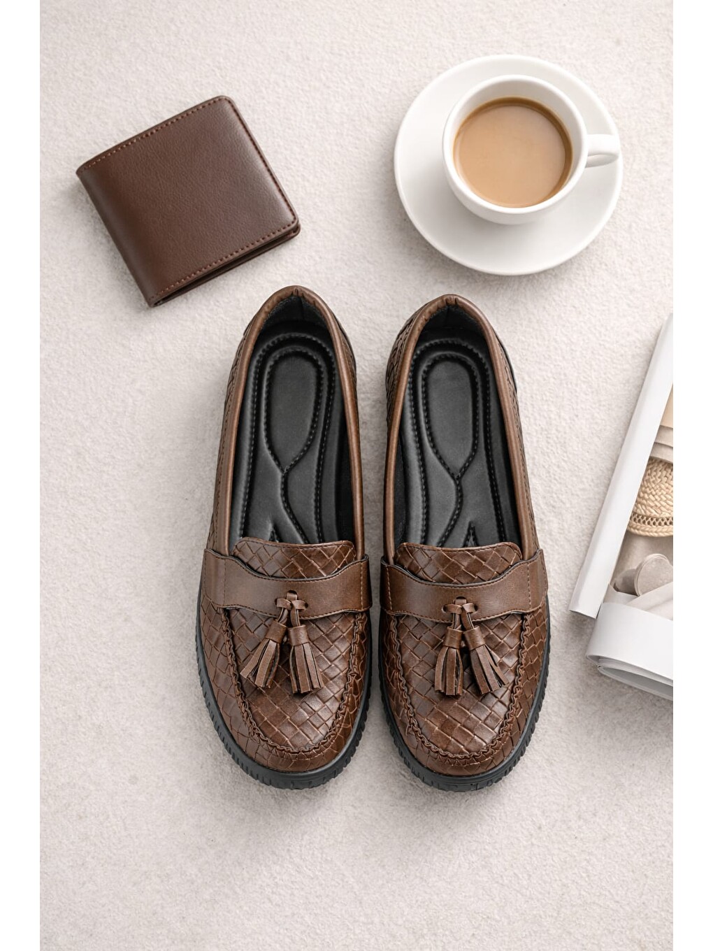Kahverengi Kadın Örgü Desenli Püsküllü Rahat Comfort Loafer-6