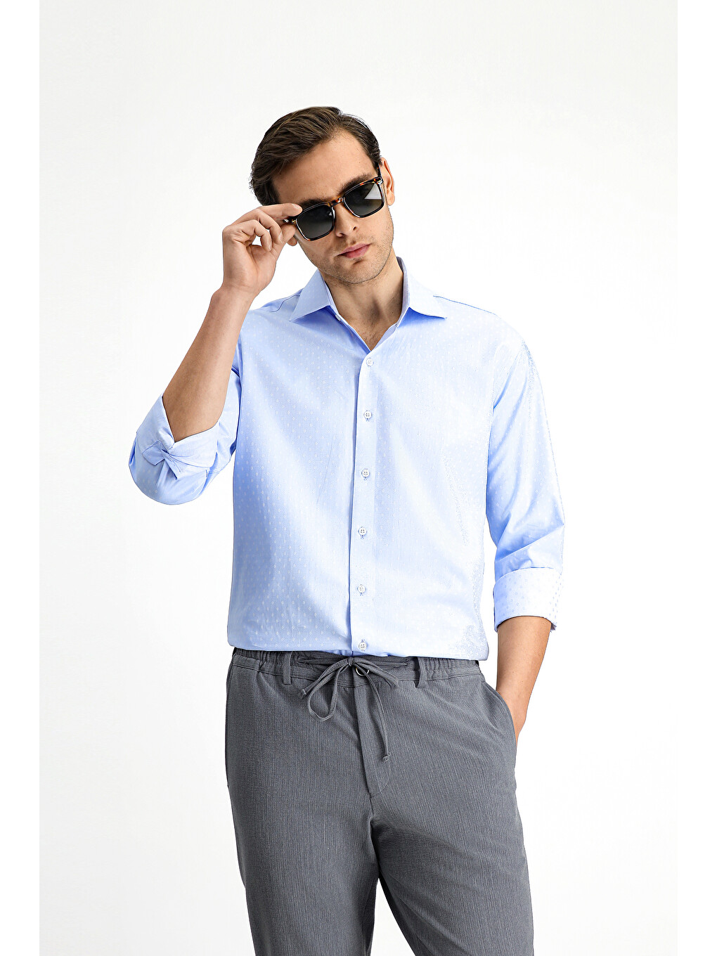 Mavi Uzun Kol Slim Fit Dar Kesim Klasik Desenli Pamuk Gömlek