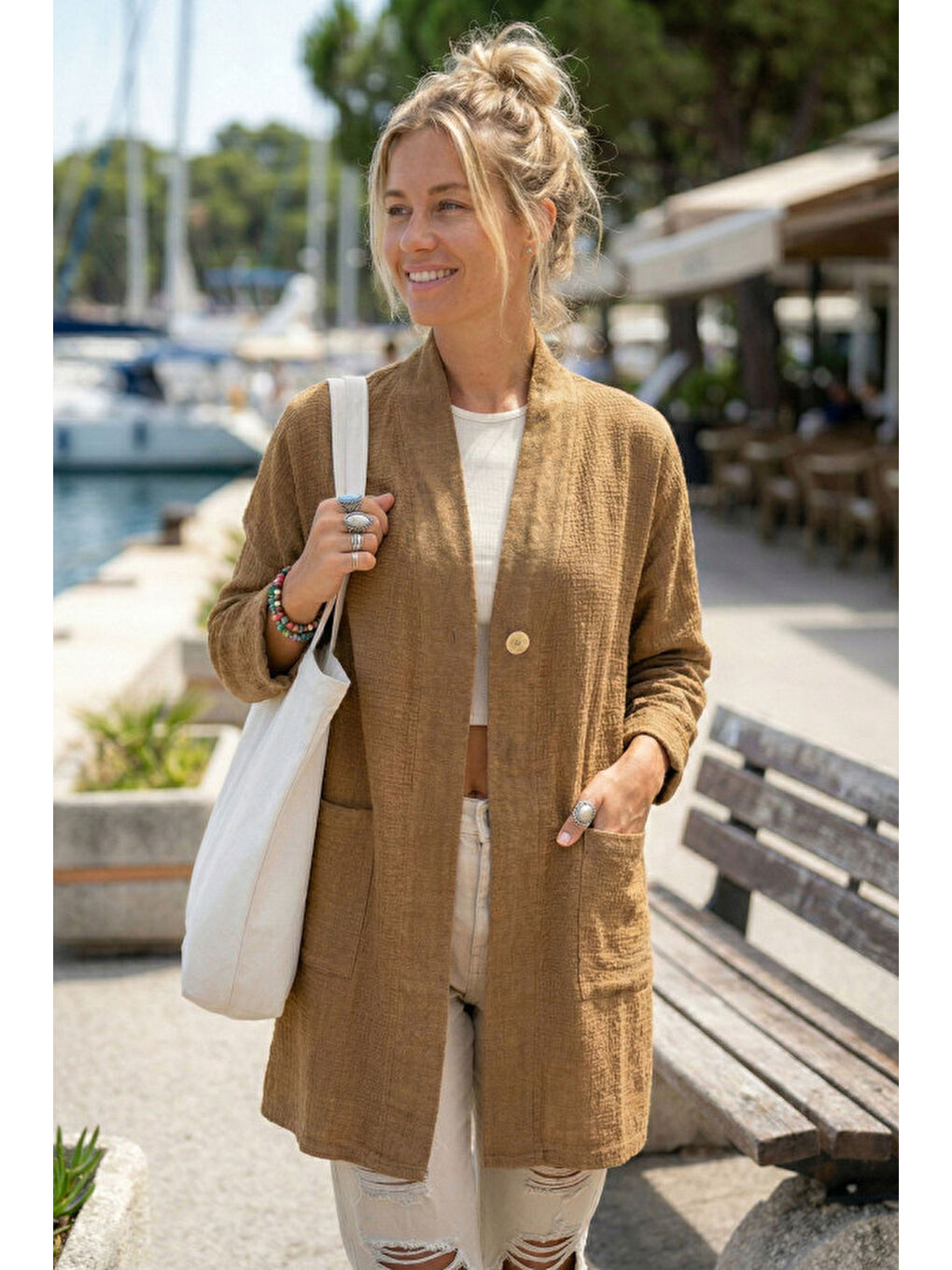 Kahverengi Camel Kimono Yaka 3/4 Kol Düğmeli Çift Cepli Casual Flamlı Pamuklu Kumaş Dokuma Ceket 85 60