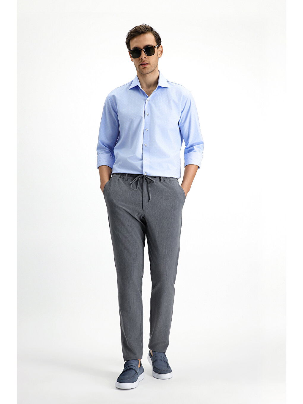 Mavi Uzun Kol Slim Fit Dar Kesim Klasik Desenli Pamuk Gömlek-1