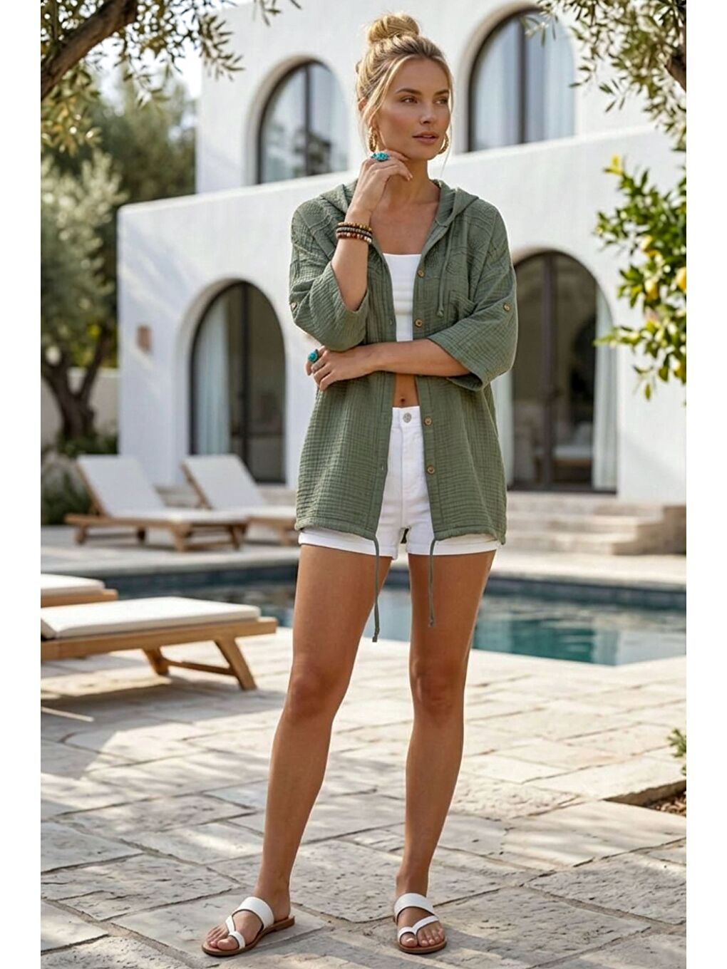 Haki Kapüşonlu Kısa Kol Çift Cepli Brodeli Etek Ucu Bağlamalı Casual Müslin Dokuma Ceket 63 63-2