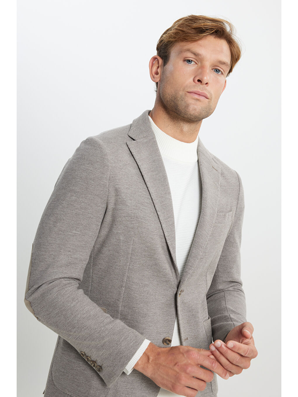 Kahverengi Erkek Açık Kahve Slim Fit Dar Kesim Mono Yaka Armürlü Torba Cepli Ceket-4