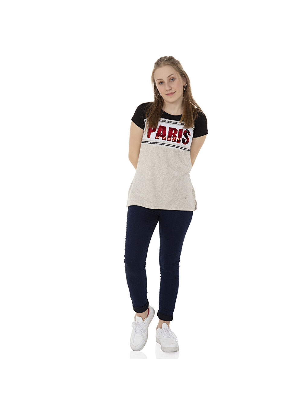 Toontoykids Kahve Melanj Kız Çocuk T-Shirt Paris Pul Nakış